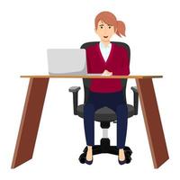 süße Geschäftsfrau, die auf einem modernen Home-Office-Schreibtisch mit Stuhltisch und mit PC-Laptop-Computer sitzt vektor