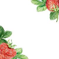 jordgubb vattenfärg, ram. bär och löv. illustration. för romantisk kort, inbjudningar, Semester banderoller, affischer, juice, sylt etiketter, kosmetisk Produkter. vektor