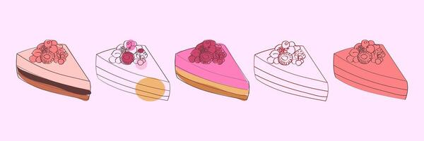 ein Illustration von fünf anders Kuchen Scheiben, alle gekrönt mit verschiedene Beeren. vektor