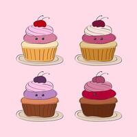 diese Digital Illustration Eigenschaften vier bezaubernd Cupcakes, jeder mit ein Kirsche auf oben und ein glücklich Gesicht. Sie sind vorgestellt auf Individuell Platten, einstellen gegen ein Sanft Rosa Hintergrund vektor