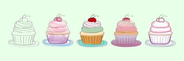 diese Bild Eigenschaften fünf handgemalt Abbildungen von Cupcakes. das zuerst Cupcake ist ein einfach Umriss, während das andere vier sind gerendert im verschiedene Schatten von Rosa, Grün, und Blau. vektor