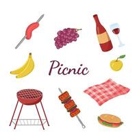 Illustration von Essen, Getränke und Tischdecke zum ein draussen Picknick. farbig Grill Karte. einstellen von Artikel zum ein Familie Wochenende im das Wald oder Park. vektor