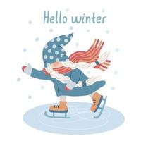 hallo winterkarte mit einem fröhlichen skating girl gnome vektor