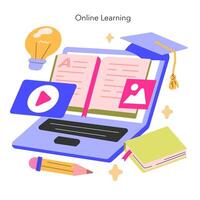 online Lernen Konzept ein beschwingt Anzeige von E-Learning Werkzeug, von Laptops zu E-Books, symbolisieren das Neu Epoche von Digital Bildung Wissen beim Einsen Fingerspitzen Illustration vektor