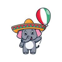 Karikatur Illustration Design von ein süß und kawaii Elefant mit ein Sombrero Hut und halten ein Ballon vektor