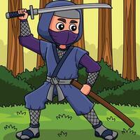 Ninja mit ein Katana und Mantel farbig Karikatur vektor