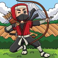 Ninja mit ein Bogen und Pfeil farbig Karikatur vektor
