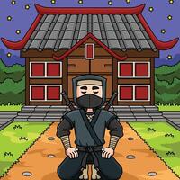 Ninja im Vorderseite von ein Ninja Haus farbig Karikatur vektor