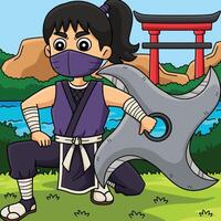 Ninja Kunoichi mit ein groß Shuriken farbig Karikatur vektor