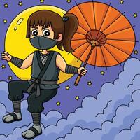 Ninja Kunoichi halten ein Regenschirm farbig Karikatur vektor
