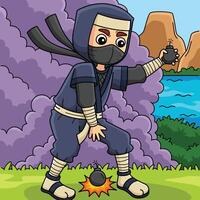 Ninja mit Rauch Bombe farbig Karikatur Illustration vektor