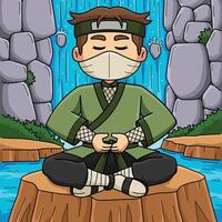 Ninja meditieren farbig Karikatur Illustration vektor