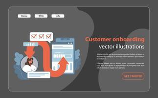 Kunde Onboarding Konzept. effizient Digital Prozess führen ein Neu Benutzer durch Initiale aufstellen. vektor