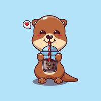 süß Otter trinken Boba Milch Tee Karikatur Illustration. vektor