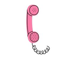 Hand gezeichnet süß Karikatur Illustration von Rosa retro Telefon Mobilteil. eben alt Telefon mit wählen Aufkleber im einfach farbig Gekritzel Stil. Anruf Gerät Symbol oder drucken. isoliert auf Weiß Hintergrund. vektor