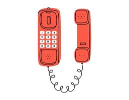 Hand gezeichnet süß Karikatur Illustration von rot Mauer verdrahtet Telefon. eben alt Telefon, Festnetz Aufkleber im einfach farbig Gekritzel Stil. Anruf Gerät Symbol oder drucken. isoliert auf Weiß Hintergrund. vektor