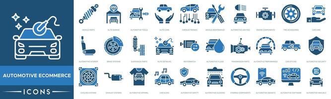 bil- e-handel ikon. fordon delar, elit garage, bil- verktyg, bil vård, bil elektronik, fordon underhåll, bil- belysning och motor komponenter vektor