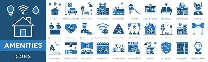bekvämligheter ikon uppsättning. anläggningen, rekreations bekvämligheter, utomhus- utrymmen, kondition Centrum, simning slå samman, spela område och wellness bekvämligheter vektor