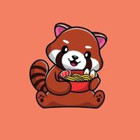 Süßer roter Panda, der Ramen-Cartoon-Vektor-Symbol-Illustration hält vektor