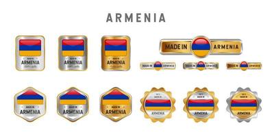 Hergestellt in Armenien Etikett, Stempel, Abzeichen oder Logo. mit der Nationalflagge von Armenien. auf Platin-, Gold- und Silberfarben. Premium- und Luxus-Emblem vektor