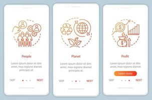 resurshantering onboarding mobil app sid skärmmall. people, planet and profit genomgång av webbplatsstegen. trefaldig slutsats. tbl. affärsidé. ux, ui, gui smartphone-gränssnitt vektor