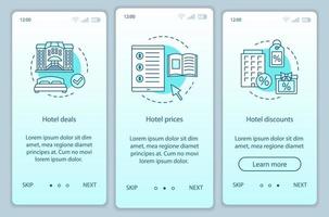 hotell onlinebokning onboarding mobil app sida skärm vektor mall. hotellerbjudanden, priser, rabatter. genomgång av webbplatssteg med linjära illustrationer. ux, ui, gui smartphone gränssnitt koncept