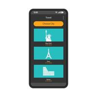 Tourismus-Smartphone-Schnittstellenvektorvorlage. Reiseplanungs-App. Schwarzes Design-Layout der mobilen Anwendungsschnittstelle. Bildschirm der Reisebüro-Website. Stadtrundfahrt. Stadt wählen. flache ui. Telefondisplay vektor