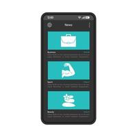 Nachrichtenportal Smartphone-Schnittstellenvektorvorlage. Mobile App blaues Design-Layout. Bildschirm mit der Artikelliste. Unterhaltungsinhalt. Nachrichten aus Wirtschaft, Sport, Schönheit. elektronische Zeitung. flache ui. Telefondisplay vektor