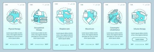 Reha-Krankenhaus Onboarding mobile App-Seite Bildschirmvektorvorlage. Schritte zur Website des Pflegedienstes. Physiotherapie, Wundversorgung, Hospiz. ux, ui, gui Smartphone-Schnittstellenkonzept vektor