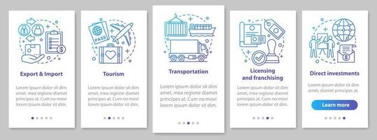internationella affärer ombord på mobilapps sidskärm med linjära koncept. global handel. genomgångssteg för export, import, turism, franchising. ux, ui, gui vektormall med illustrationer vektor