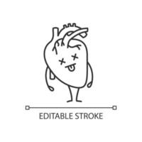döda mänskliga hjärta emoji linjär ikon. tunn linje illustration. kardiovaskulära systemsjukdomar. ohälsosamt inre organ. kontur symbol. vektor isolerade konturritning. redigerbar linje