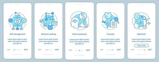 hr baslinje färdigheter onboarding mobil app sida skärm vektor mall. professionella egenskaper. beslutsfattande, nyfikenhet, optimism genomgång av webbplatssteg. ux, ui, gui smartphone gränssnitt koncept
