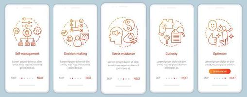 Grundlegende Fähigkeiten der Mitarbeiter beim Onboarding der mobilen App-Seitenbildschirmvektorvorlage. hr weiche Qualitäten. Entscheidungsfindung, Neugier, Optimismus Walkthrough Website-Schritte. ux, ui, gui Smartphone-Schnittstellenkonzept vektor