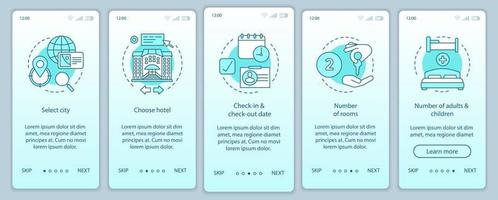 Hotel, das die Bildschirmvektorvorlage für das Onboarding der mobilen App-Seite auswählt. Reiseplanung Walkthrough Website Schritte. Buchung Unterkunft, Wohnung. Hostel, Motelreservierung. ux, ui, gui Smartphone-Schnittstelle vektor