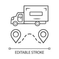 Lineares Symbol für Lieferwagen. Frachttransporter LKW. Güterverkehr auto. Lieferwagen für schwere Güter. Fahrzeug der Post. dünne Linie Abbildung. Vektor isoliert Umrisszeichnung editierbarer Strich