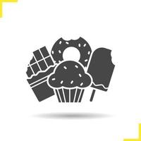 Süßwaren-Symbol. negativen Raum. Schlagschatten-Silhouette-Symbol. Schokoriegel, Muffin mit Rosinen, Eis und angebissenem Donut. isolierte Vektorgrafik vektor