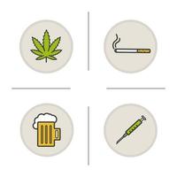 dåliga vanor färgikoner set. missbruk. marijuanablad, cigarett, skummande ölmugg, spruta. droger, alkohol och röksymboler. vektor isolerade illustrationer