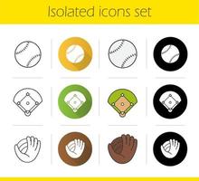 baseball utrustning ikoner set. platt design, linjär, svart och färgstilar. softballplan, boll och vante. isolerade vektorillustrationer vektor