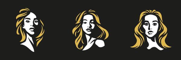 blond jung Frau abstrakt minimalistisch Porträt Logo zum Kosmetikerin Stylist einstellen eben vektor