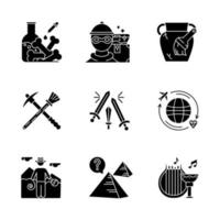 Archäologie-Glyphen-Symbole gesetzt. Laborforschung. marodierend. Restaurierung von Artefakten. Schwertkampf. Schatzsuche. Forscher. Pyramiden-Geheimnis. antike Kultur. Silhouette-Symbole. isolierte Vektorgrafik vektor