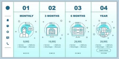 språkinlärning onlineskola onboarding mobilappskärmar med servicepriser. mallar för genomgångswebbsidor. kurser i främmande språk taxeplaner steg. webbsidelayout för smartphone betalning vektor