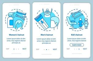 Friseursalon-Services blauer Onboarding-Bildschirm für mobile App-Seiten mit linearen Konzepten. Damen und Herren Haarschnitt Walkthrough Schritte grafische Anweisungen. ux, ui, gui-Vektorvorlage mit Illustrationen vektor