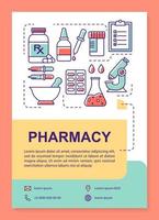 Layout der Plakatvorlage für die Pharmaindustrie. Herstellung von Medikamenten. Banner, Broschüre, Broschürendruckdesign mit linearen Symbolen. Vektorbroschürenseitenlayouts für Zeitschriften, Werbeflyer vektor