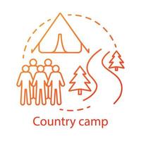 Symbol für das Konzept des Country Camps. Sommer-Wander- und Campingclub, Urlaubsresort-Idee, dünne Linie Illustration. Reisen im Wald, Rucksackreisen im Wald. Vektor isolierte Umrisszeichnung. bearbeitbarer Strich