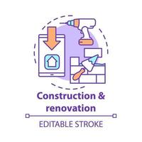 konstruktion och renovering koncept ikon. bostadsreparationstjänst idé tunn linje illustration. borr, smartphone och spackel med tegelstenar vektor isolerade konturritning. redigerbar linje