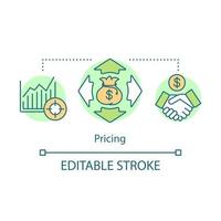 prissättning koncept ikon. on demand ekonomi fördel idé tunn linje illustration. marknadstillväxt, företagskonkurrens. stigande graf, pengar påse och handskakning vektor isolerade konturritning. redigerbar linje