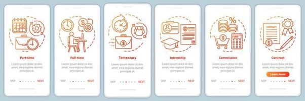 Jobtypen Orange Onboarding Mobile App-Seite Bildschirmvektorvorlage. Vollzeit, befristet, Praktikum. Walkthrough-Website-Schritte mit linearen Illustrationen. ux, ui, gui Smartphone-Schnittstellenkonzept vektor