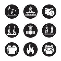 Ölindustrie-Ikonen eingestellt. Pumpenheber, Fässer, Rohrventil, Gas- und Kraftstoffförderplattformen, Ölreservoir, brennbares Schild, Industriearbeiter. Vektorgrafiken von weißen Silhouetten in schwarzen Kreisen vektor