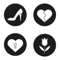 Valentinstag-Icons gesetzt. Damenschuh, Tulpe, Herzschmerz, Herz mit Schlüsselloch. Vektorgrafiken von weißen Silhouetten in schwarzen Kreisen vektor