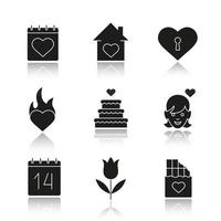 Valentinstag Schlagschatten schwarze Symbole gesetzt. 14. februar kalender, haus, herz mit schlüsselloch, leidenschaft, hochzeitstorte, verliebtes mädchen, tupil, schokoriegel. isolierte vektorillustrationen vektor